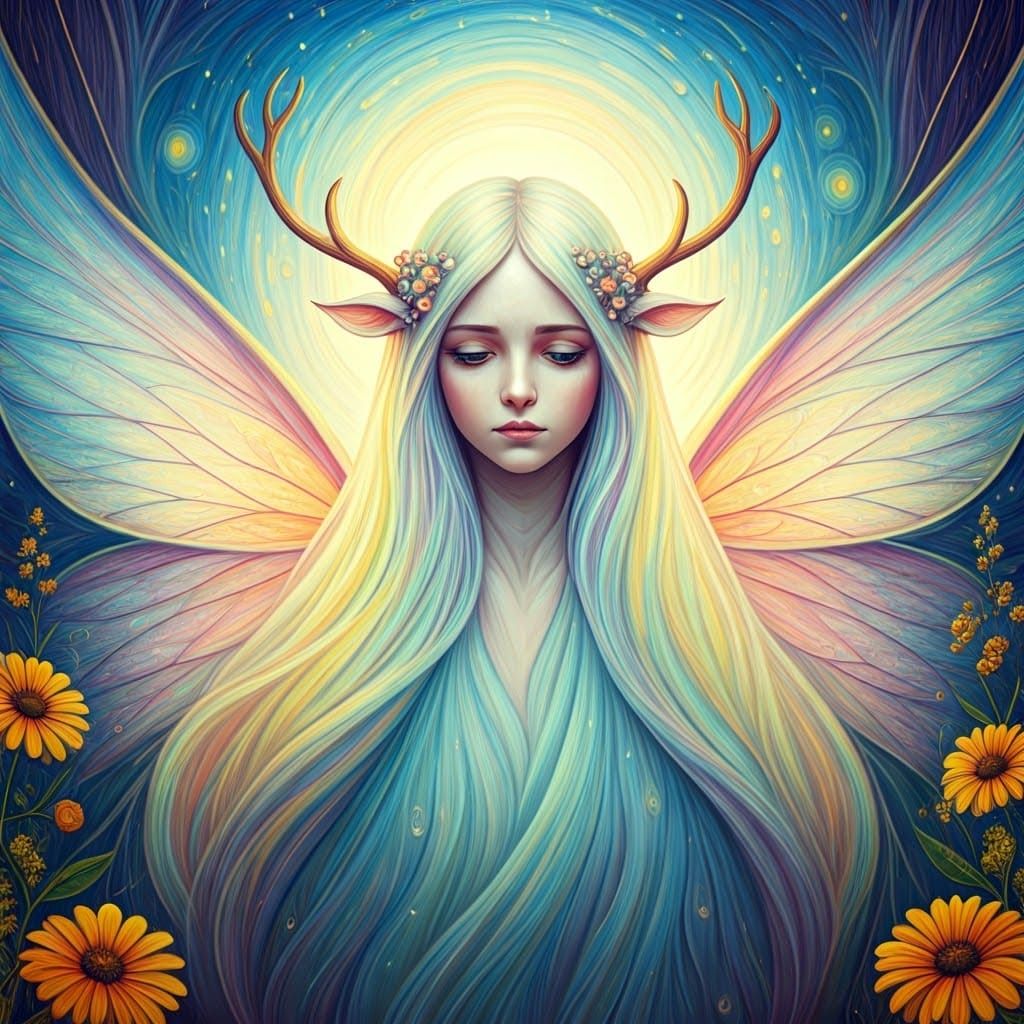 Rainbow Fairy Goddess in Dreamlike Crayon Drawing