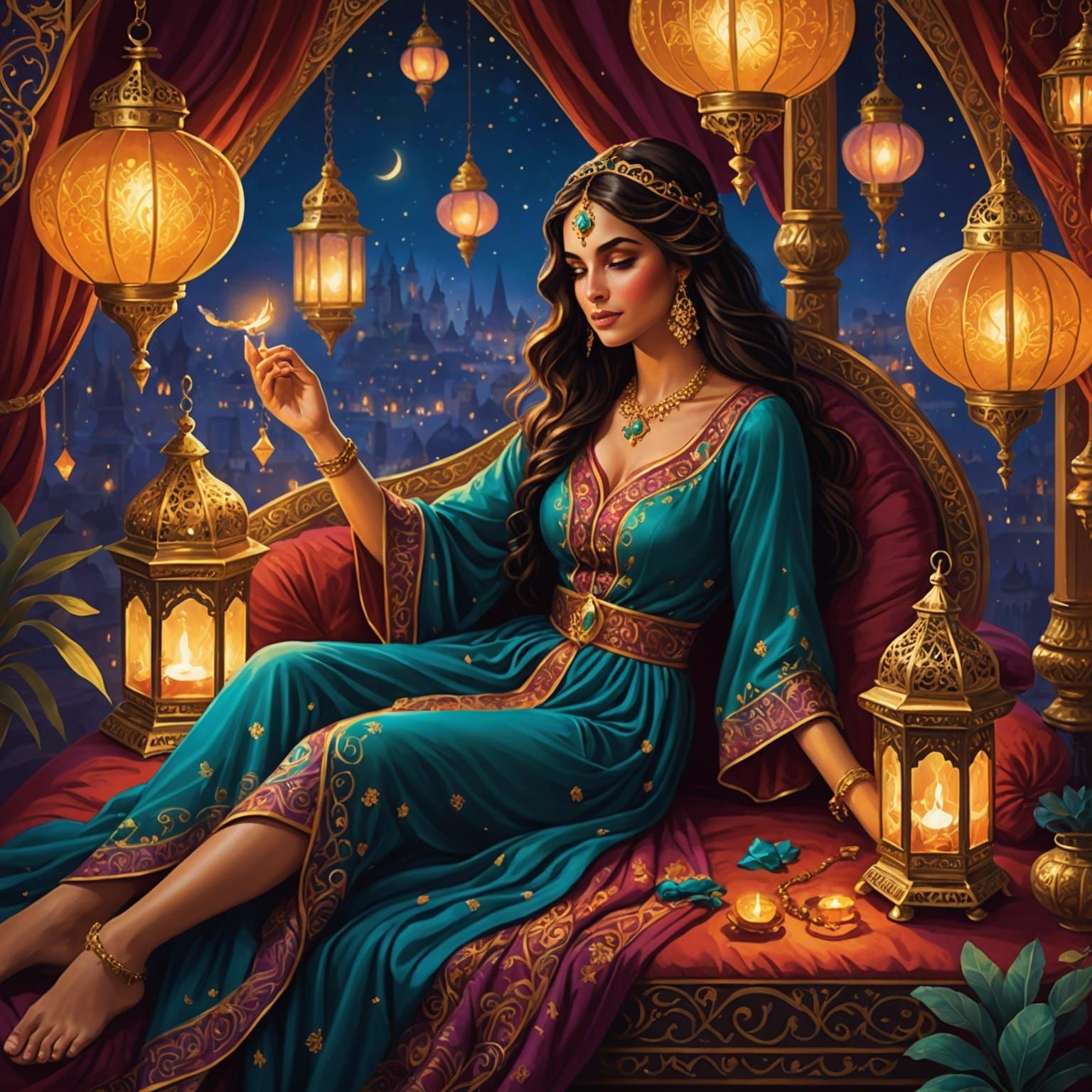 Enchanted Arabian Night Scene in Opulent Style