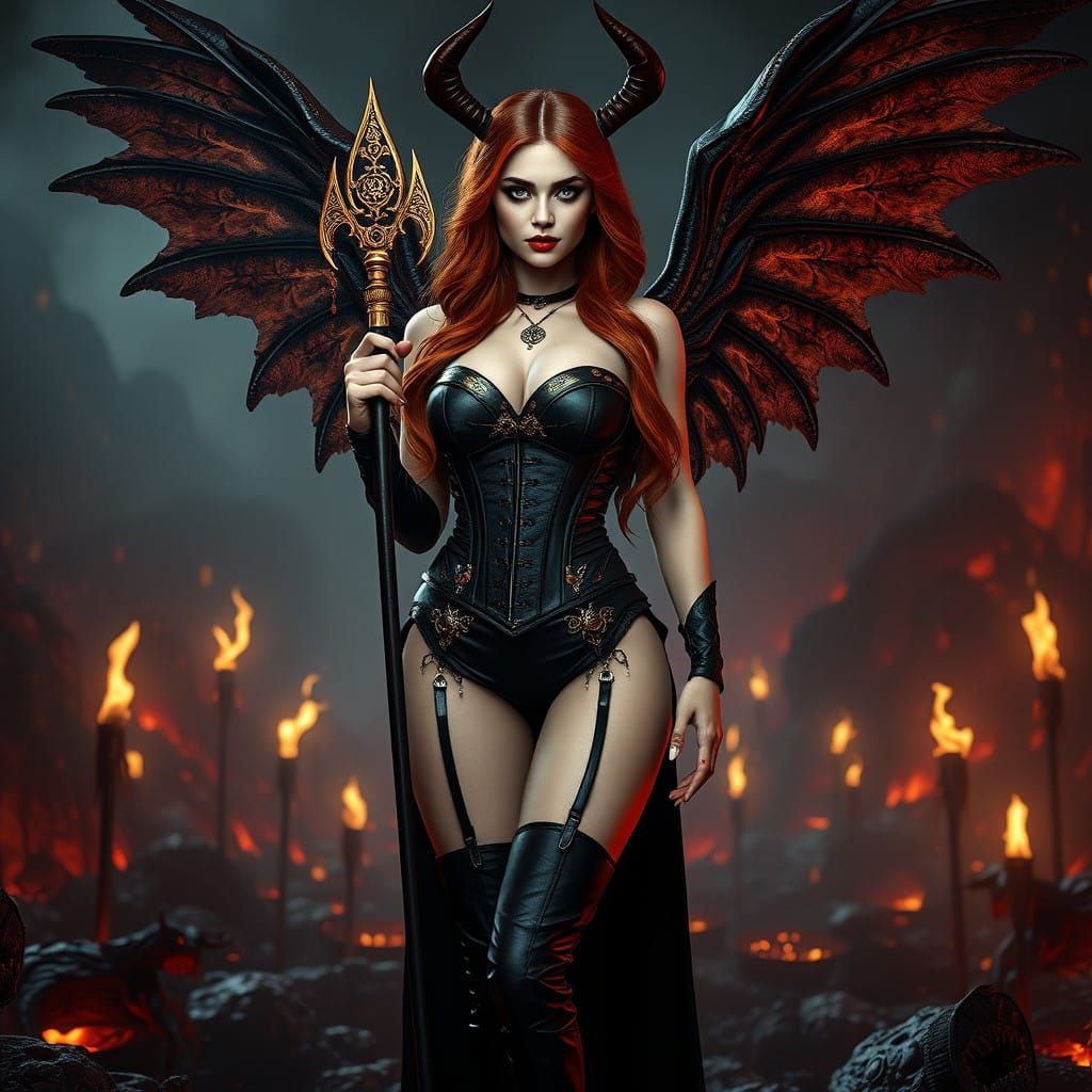 Gothic Dark Angel with Red Hair and Leather Corset