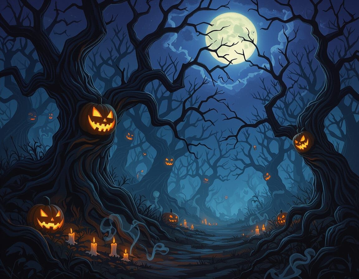Enchanted Halloween Forest Under Eerie Moonlight