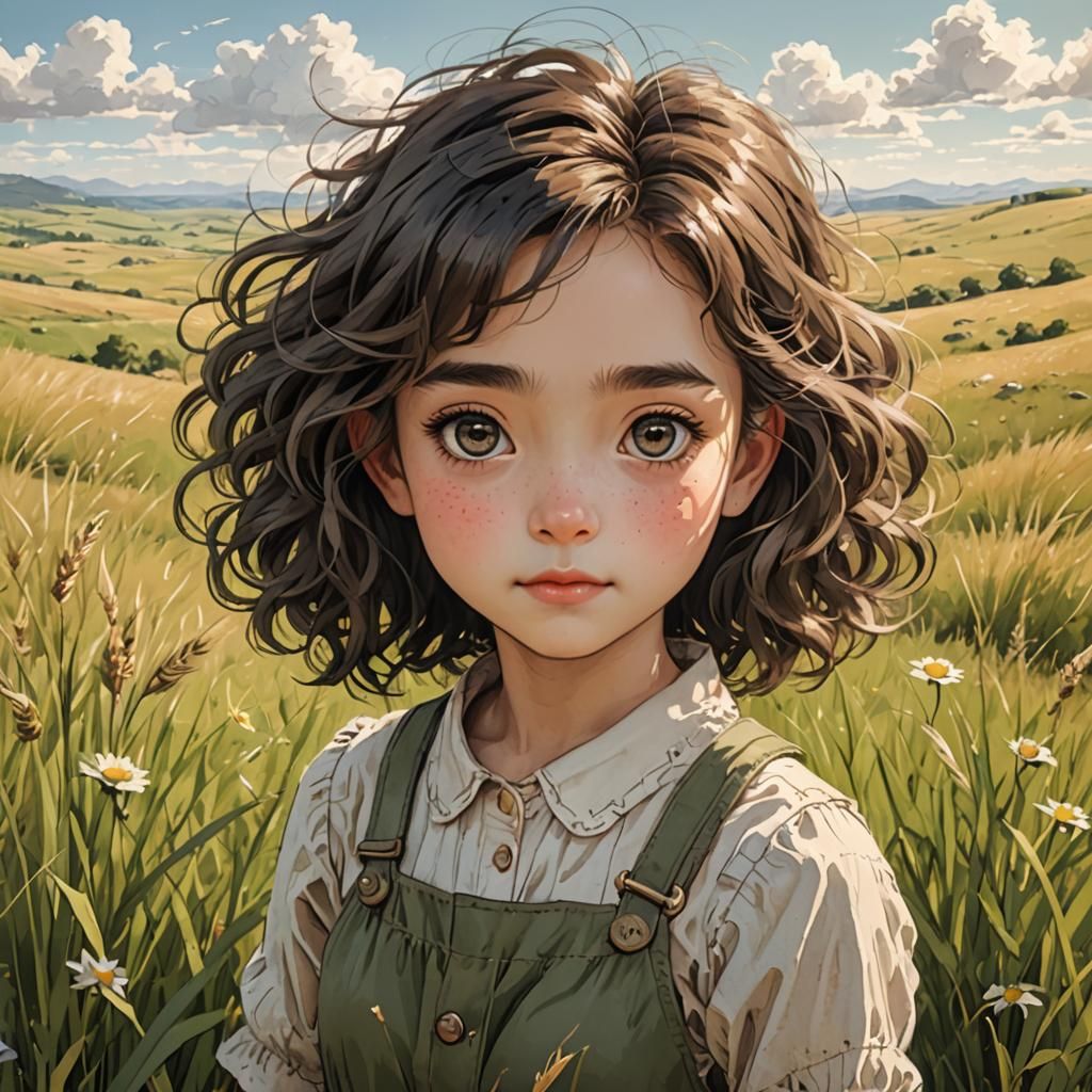 Happy Girl in Grassland with Hand-Drawn Style