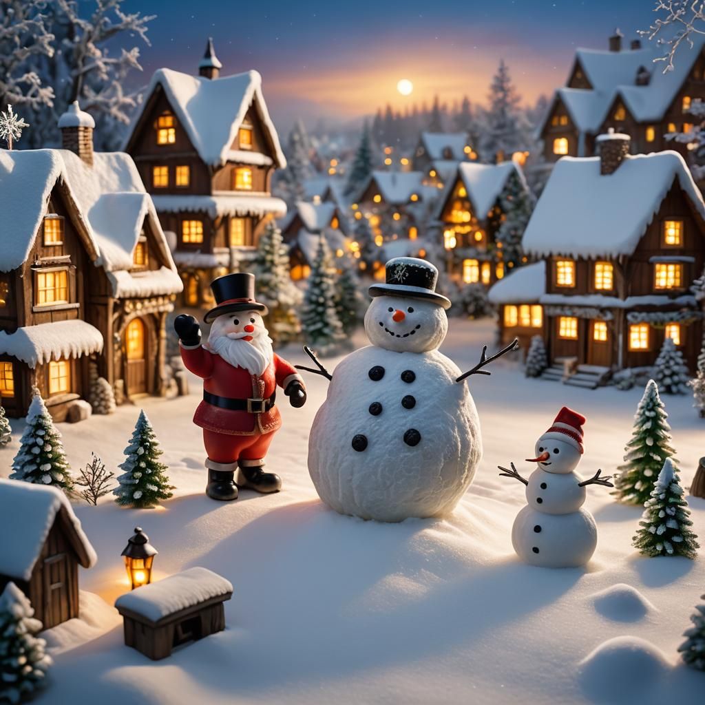 Festive Winter Scene: Frosty and Santa in Snowy Village