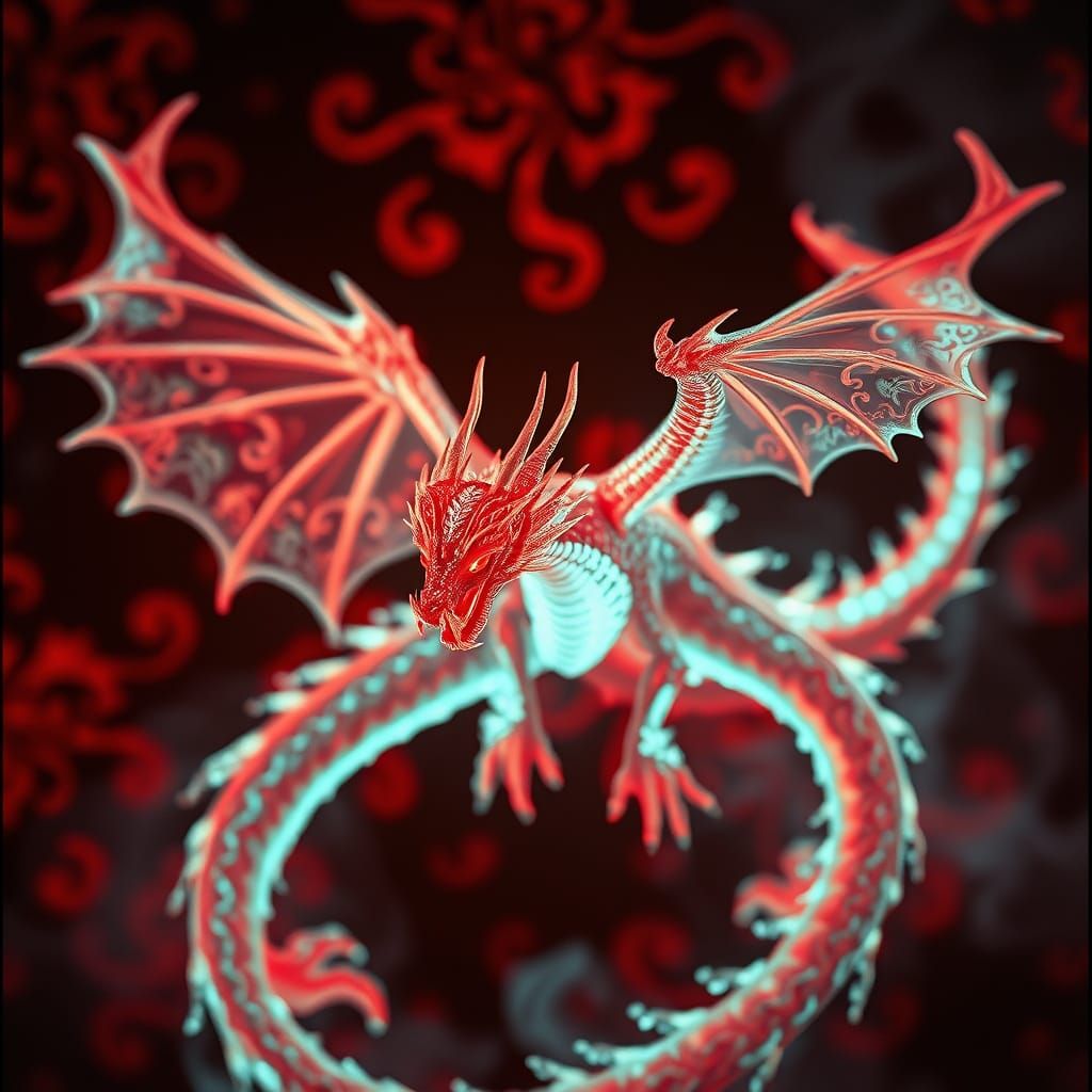 Bioluminescent Dragon with Red Filigree, Cinematic Still