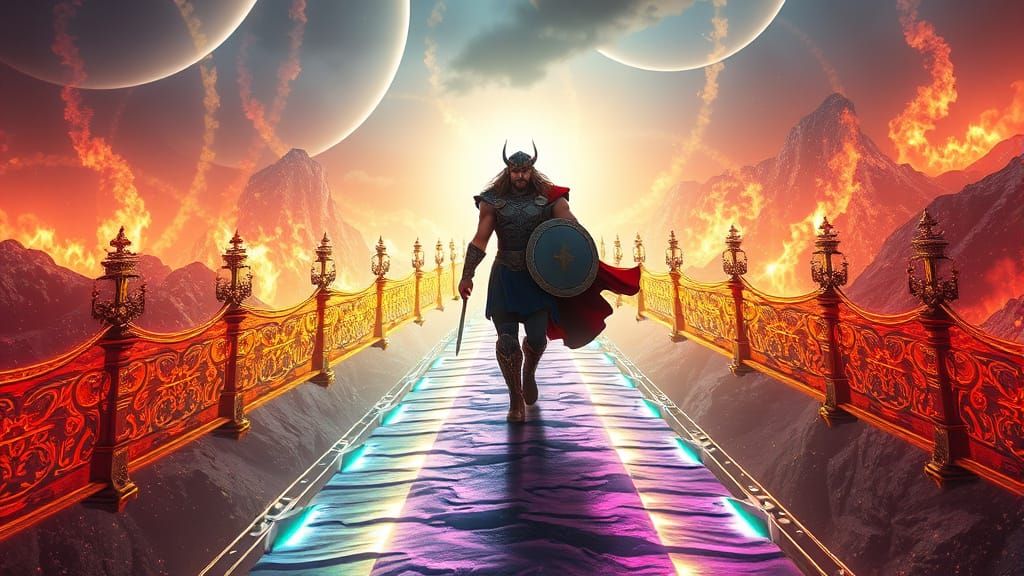 Thor Walks Valhalla's Rainbow Bridge in Epic Battle Pose