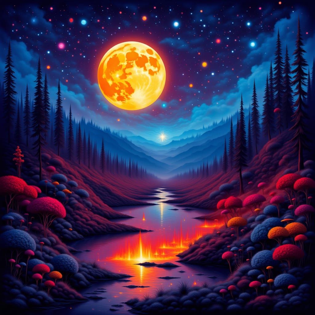 Glowing Moon Weeps Fiery Tears in Whimsical Landscape