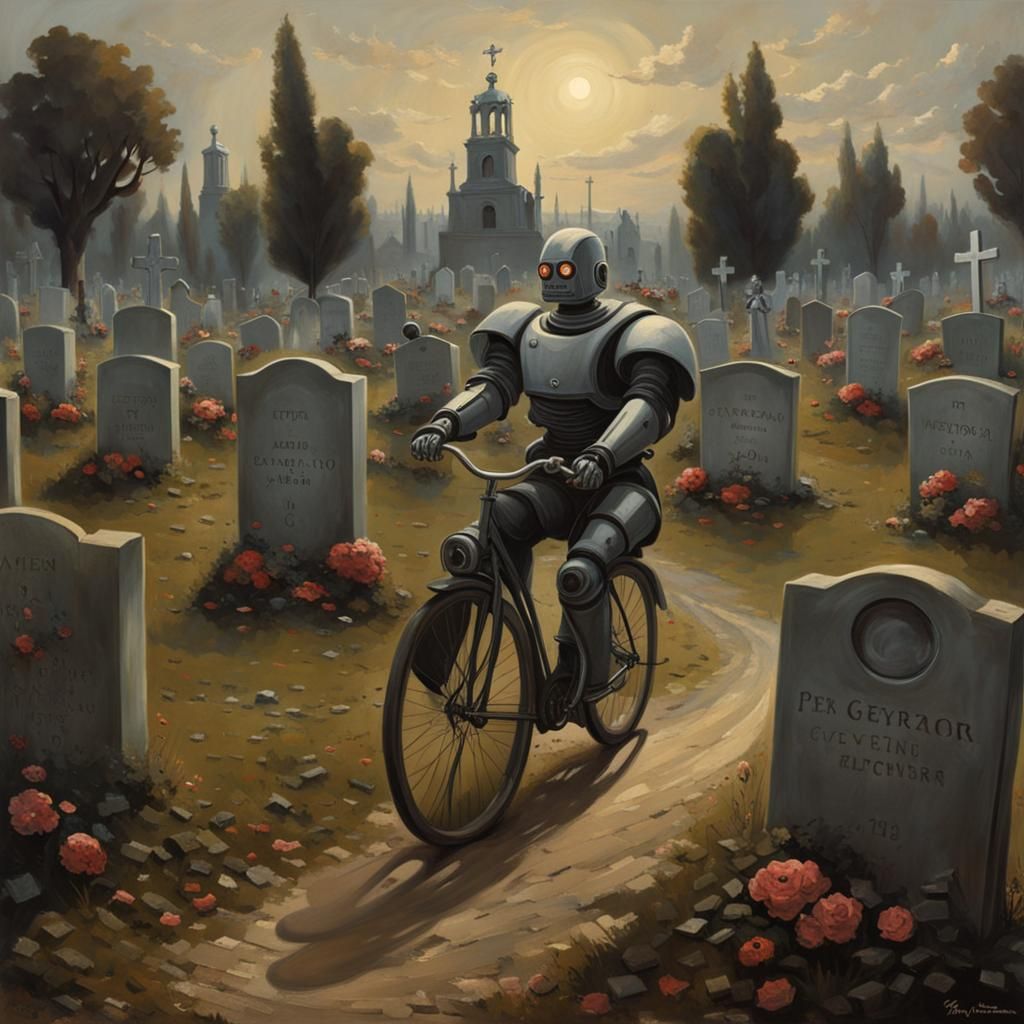 Robot Cyclist in Graveyard: A Dark Painting