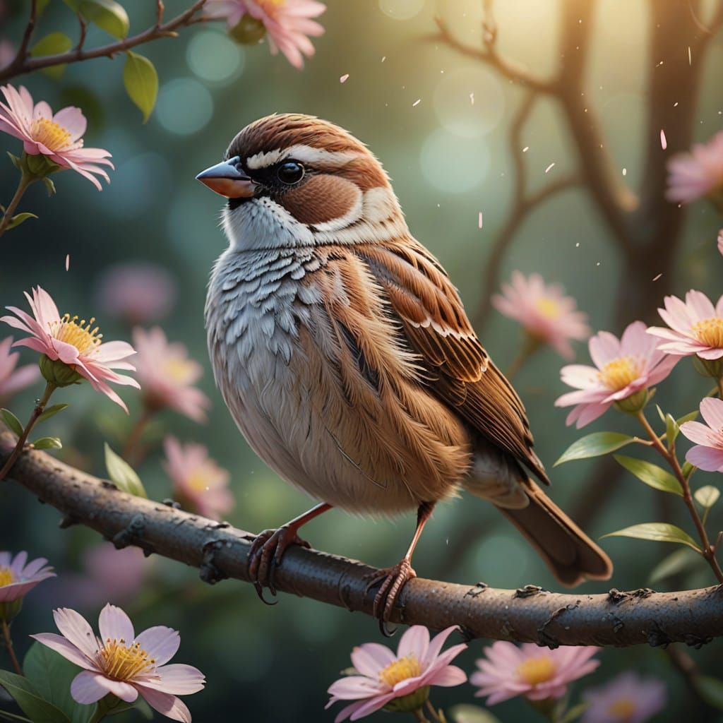 Enchanting Sparrow in Dreamy Fairytale Garden