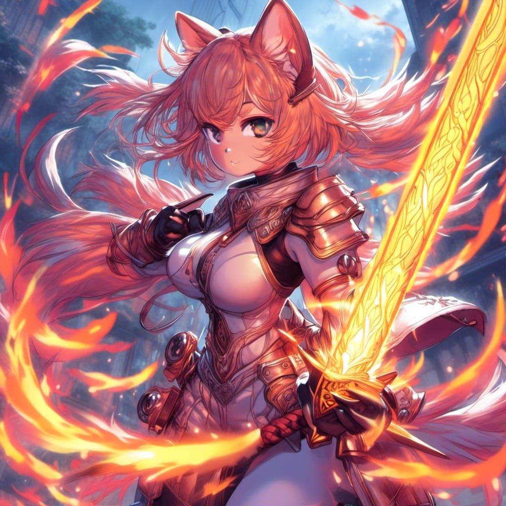Fiery Sword Cat Furry in Anime Style