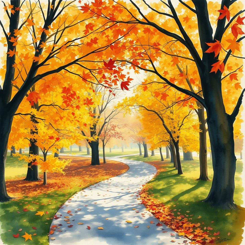 Expressive Watercolor Autumn Park Scene