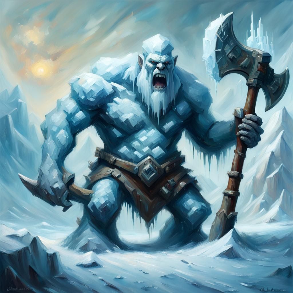 Fantasy Ice Golem Roaring in Tundra, Oil Painting