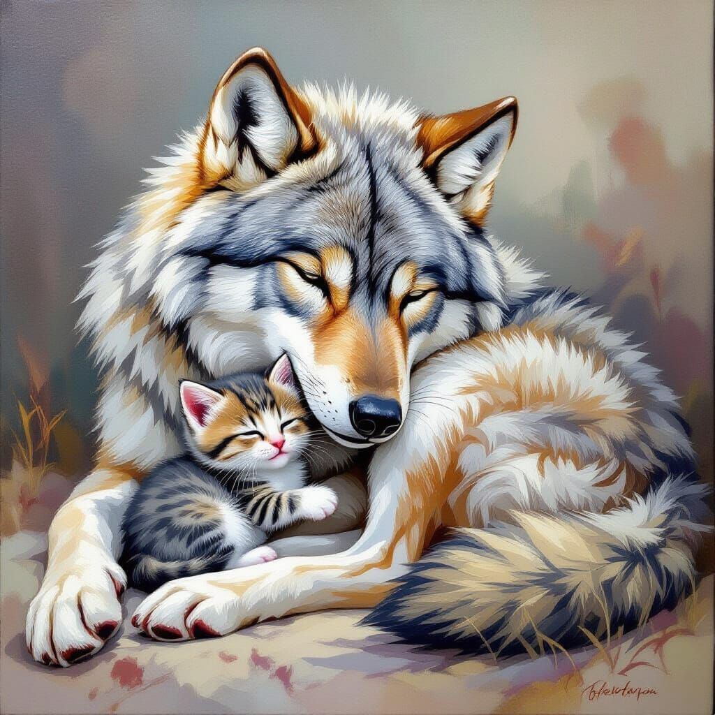 Gentle Wolf Cuddles Tiny Kitten Oil Painting