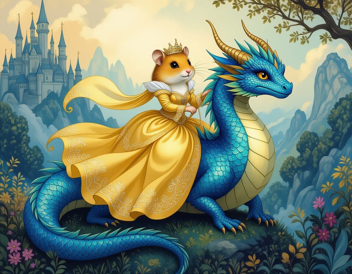 Hamster Princess on Blue Dragon in Rackham Style