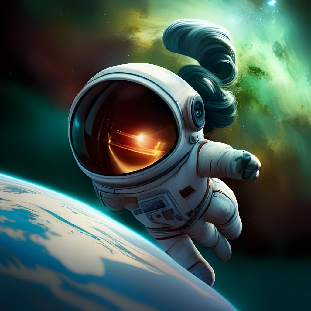 Female's creative designer hand with astronaut suit and blue ponytail, design the galaxy!