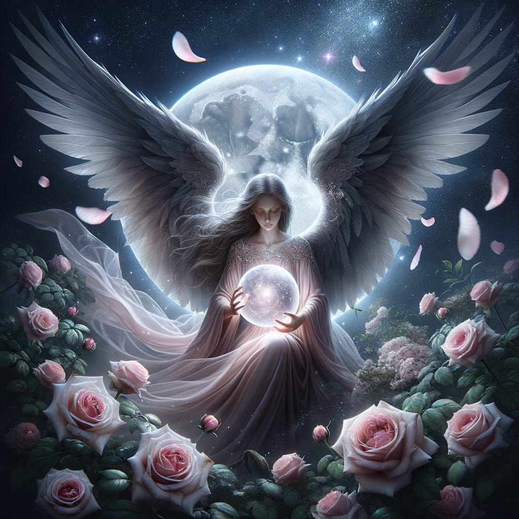 Archangel Anael in Moonlight with Roses and Stars