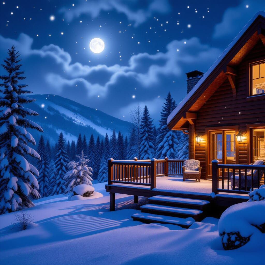 Snowy deck on mountain house at night with the moon