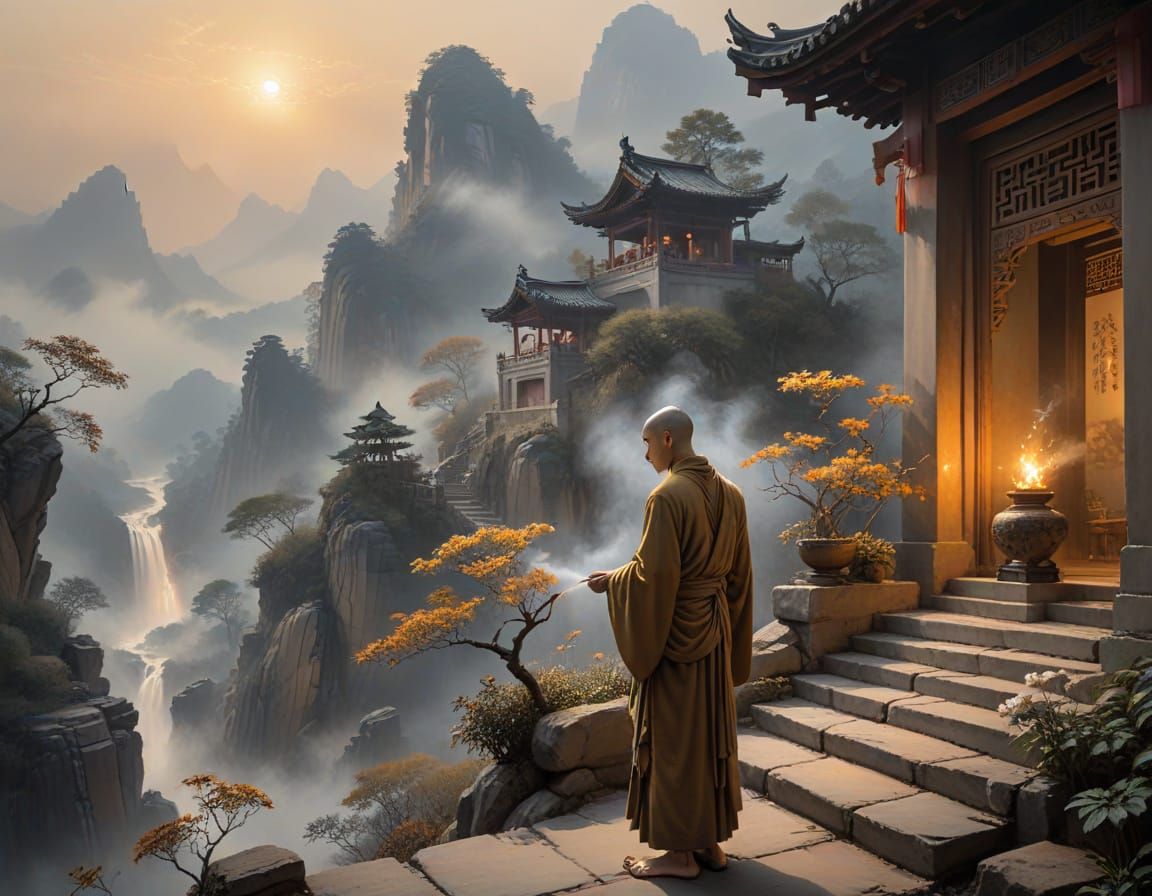 Monk at Misty Shrine in Ink Wash Style