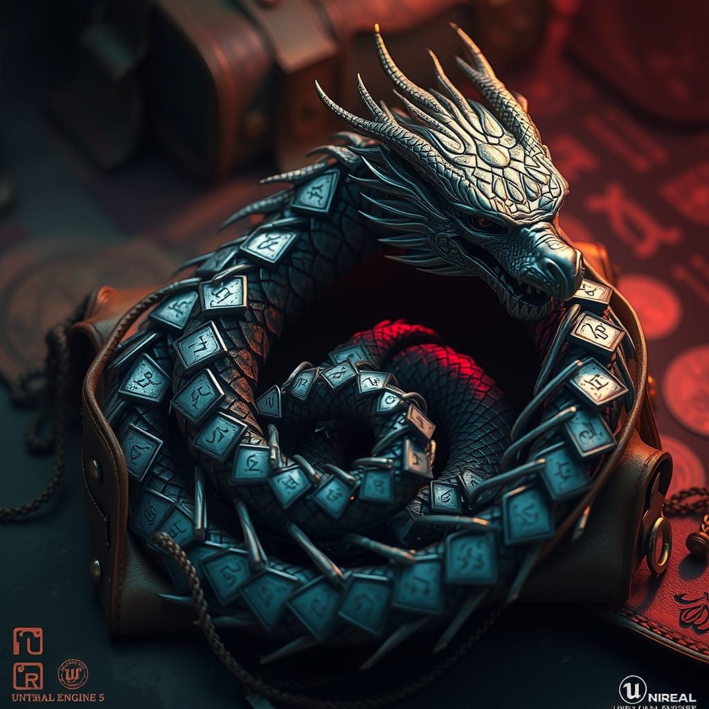 Coin Dragon in Leather Satchel, Fantasy Art