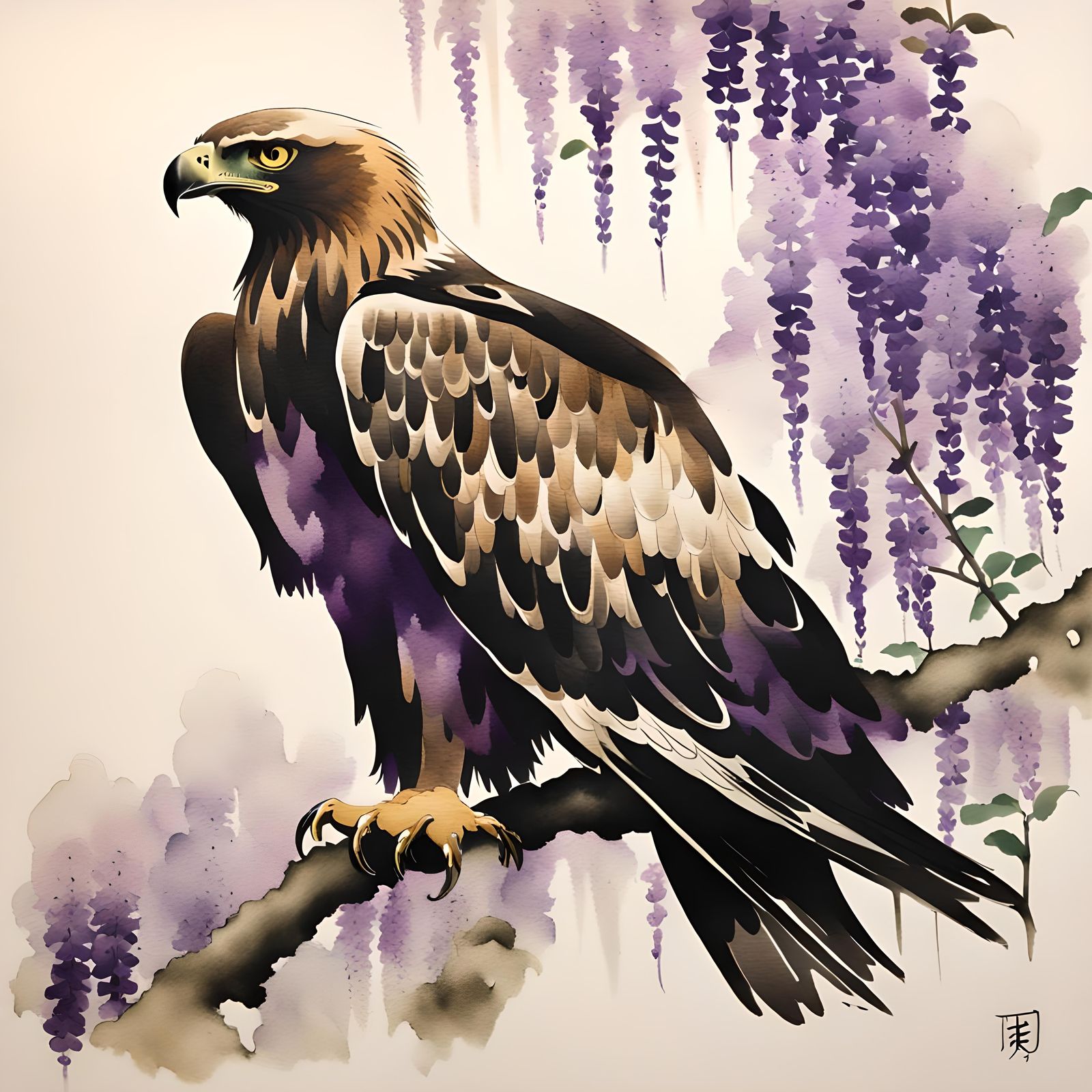 Japanese Golden Eagle with Wisteria: Ink Wash Painting