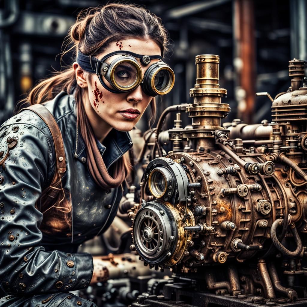 Steampunk Woman Fixing Engine with Goggles