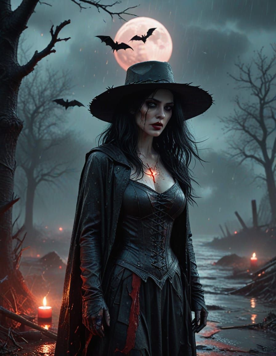 Gothic Nightmare: Sinister Woman Under Blood Moon