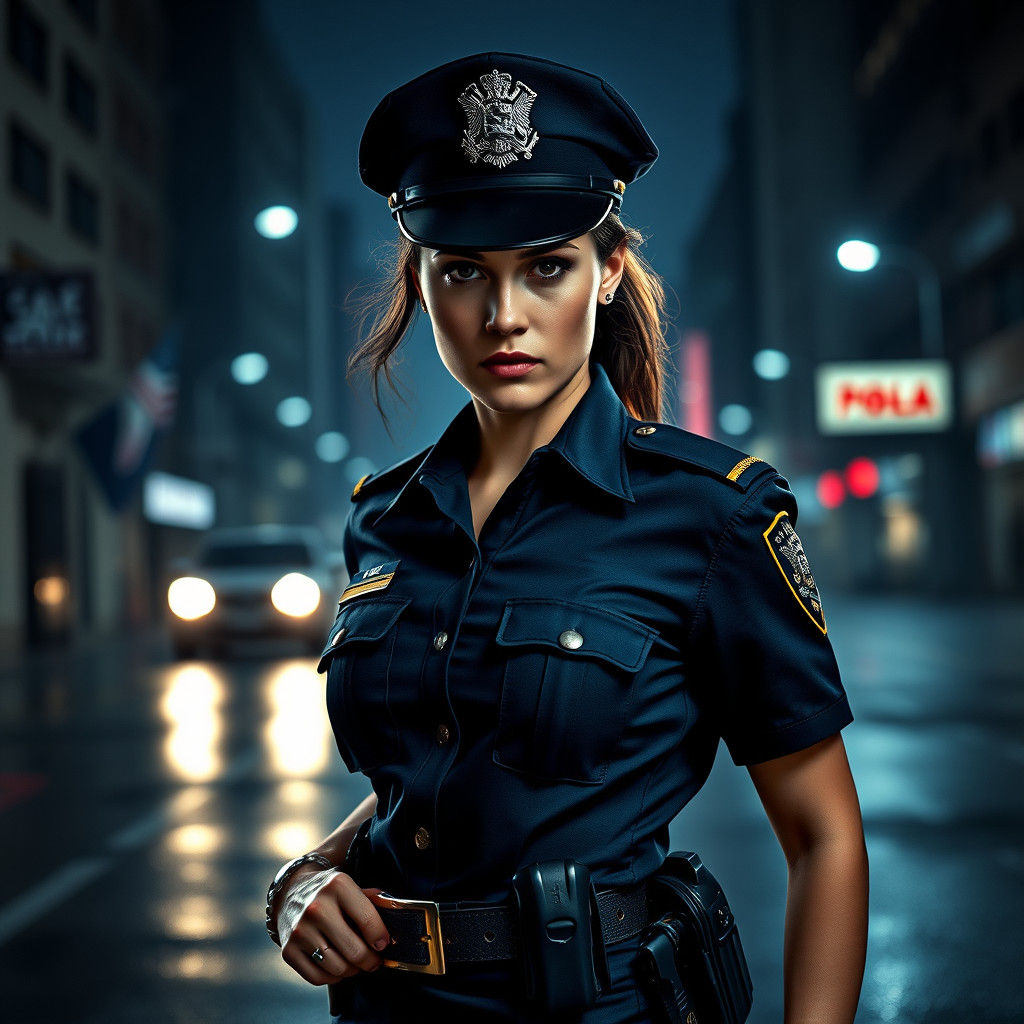 Commanding Police Woman in Cityscape at Dusk