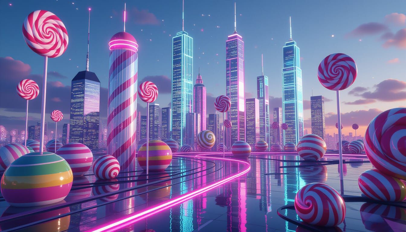 Futuristic Lollipop Cityscape in Vibrant Candy Colors