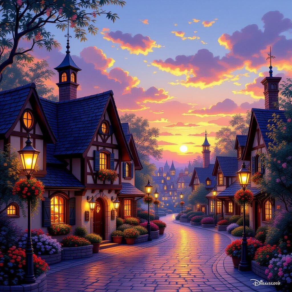 Magical Disney Village at Sunset in Warm Light