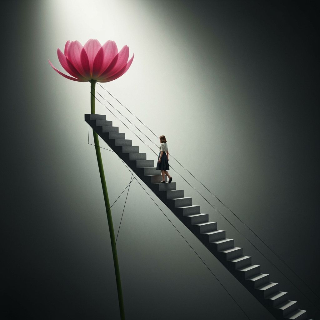 Surreal Stairwell Ascent to Floral Bloom