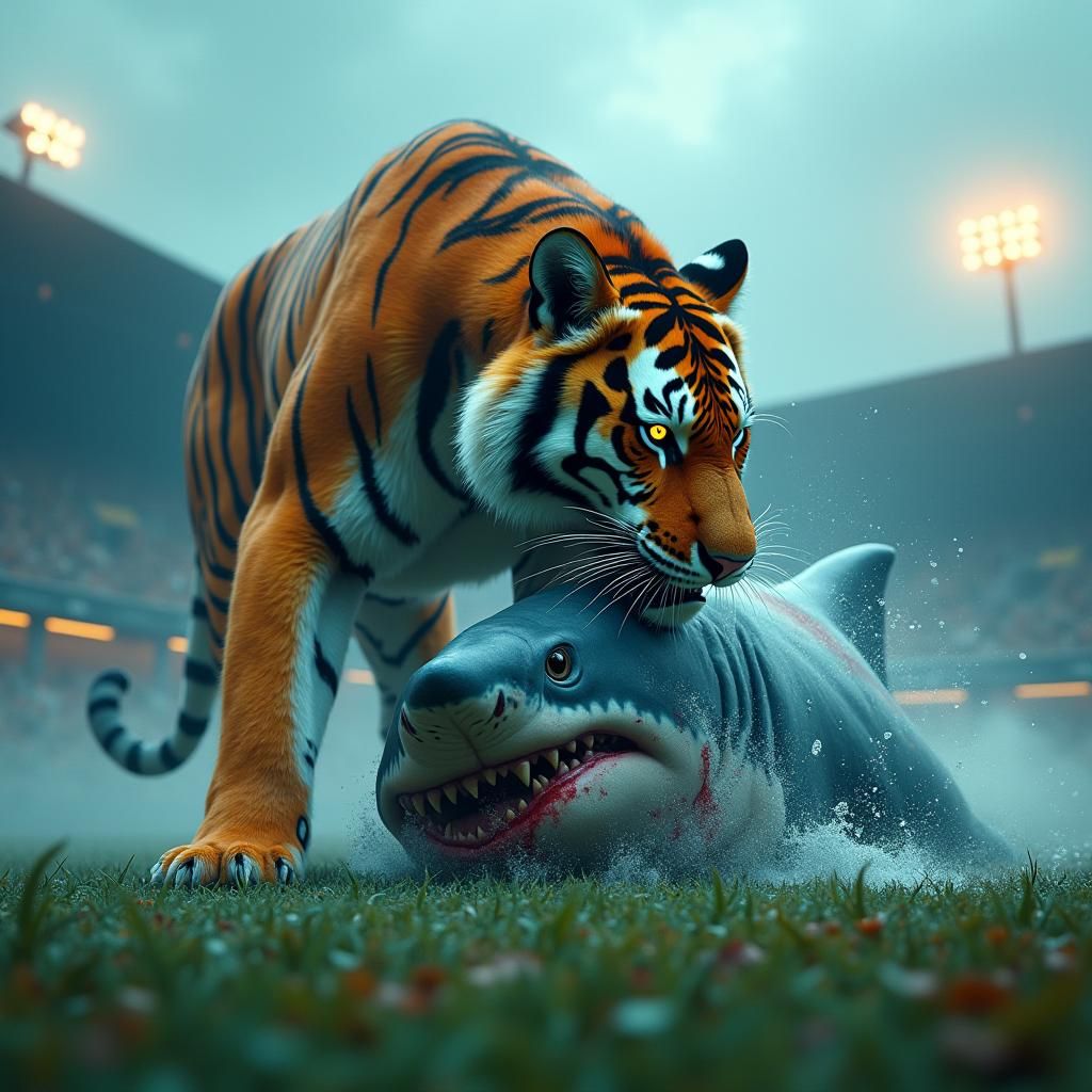 Surreal Tiger Devours Shark on Football Field