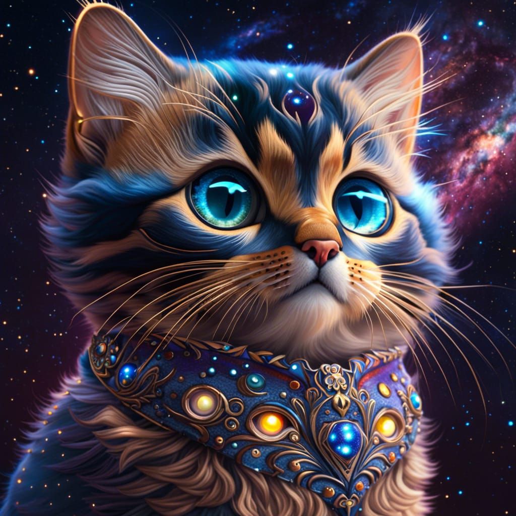 Cute Cat Reflecting Starry Cosmos in Cartoon Eyes