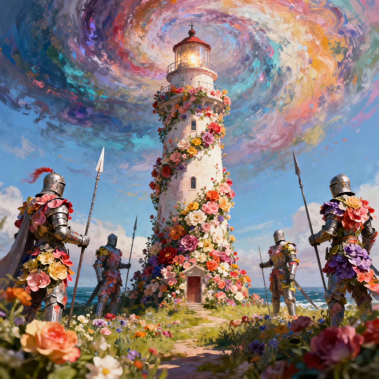 Floral Lighthouse Guarded by Petal Knights in Surreal Sky
