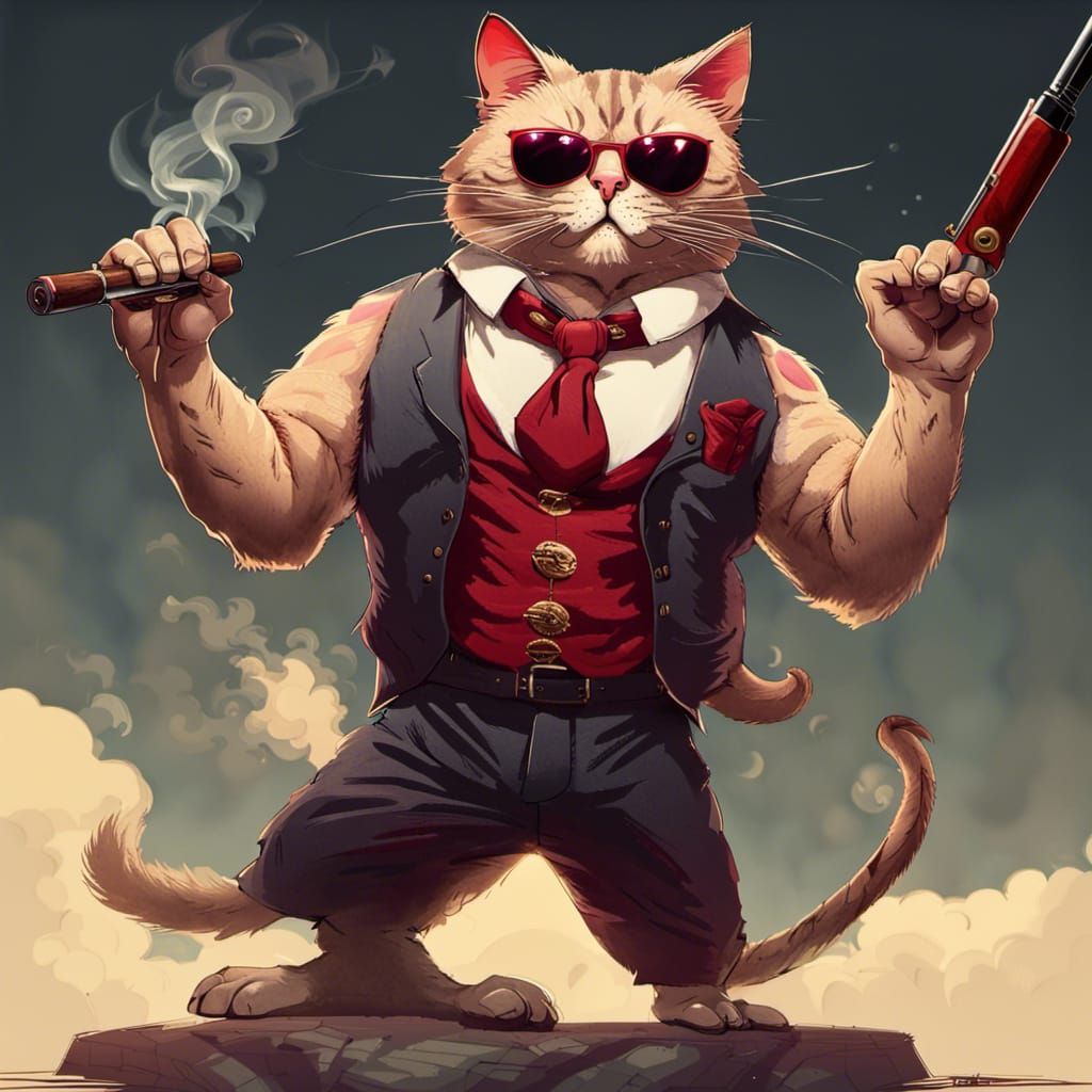 Muscular Cat Detective in Anime Style