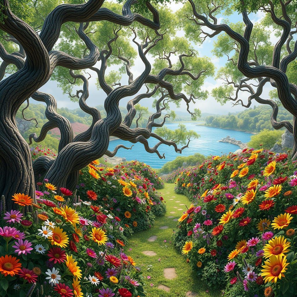 Whimsical Garden in Vibrant Colors with Gnarled Trees and Bl...