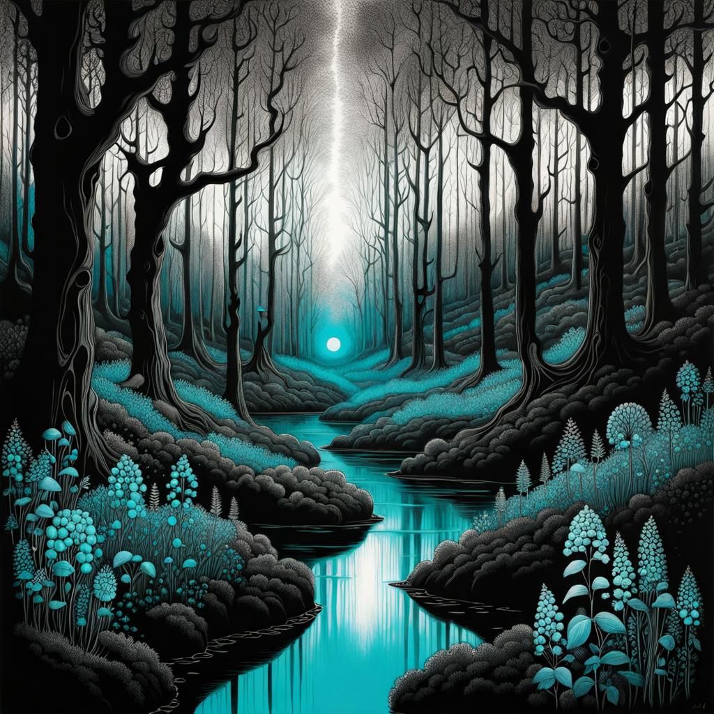 Whimsical Black and White Forest with Turquoise Flowers