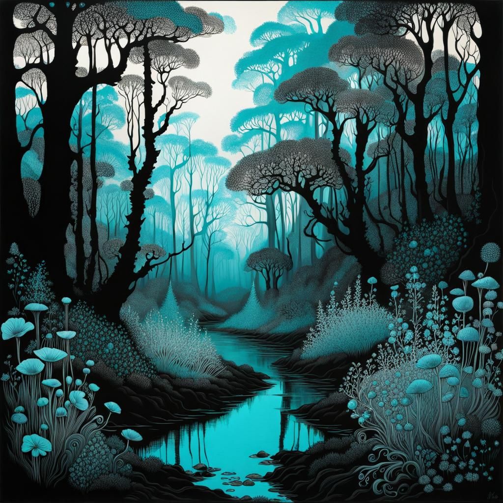 Whimsical Forest with Turquoise Flowers in Ink Painting Styl...