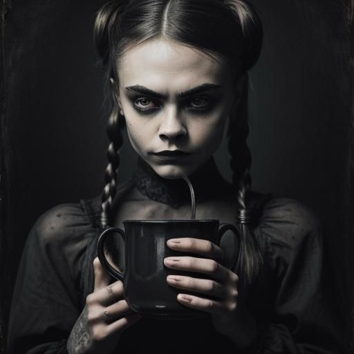 Gothic Charcoal Portrait of Woman with Skull Mug