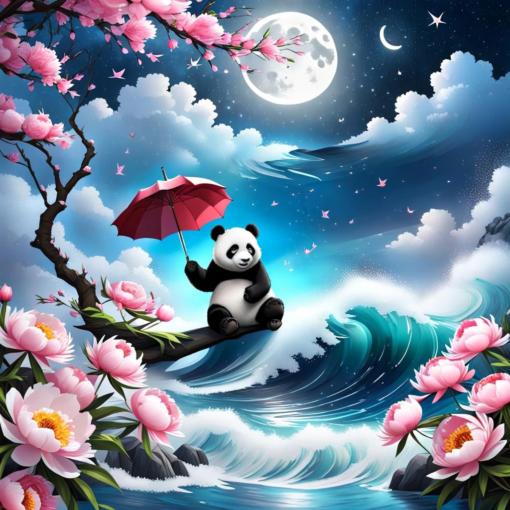 Dreamy Panda Amidst Starry Sky and Blossoms