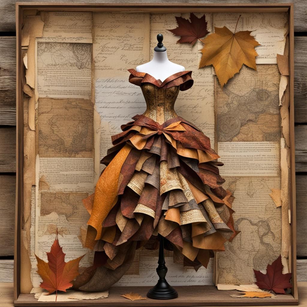 Fine Art Paper Collage Couture Ball Gown on Display Mannequi...