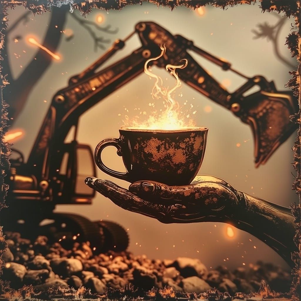 Excavator Arm Cradles Coffee Cup in Industrial Futurism
