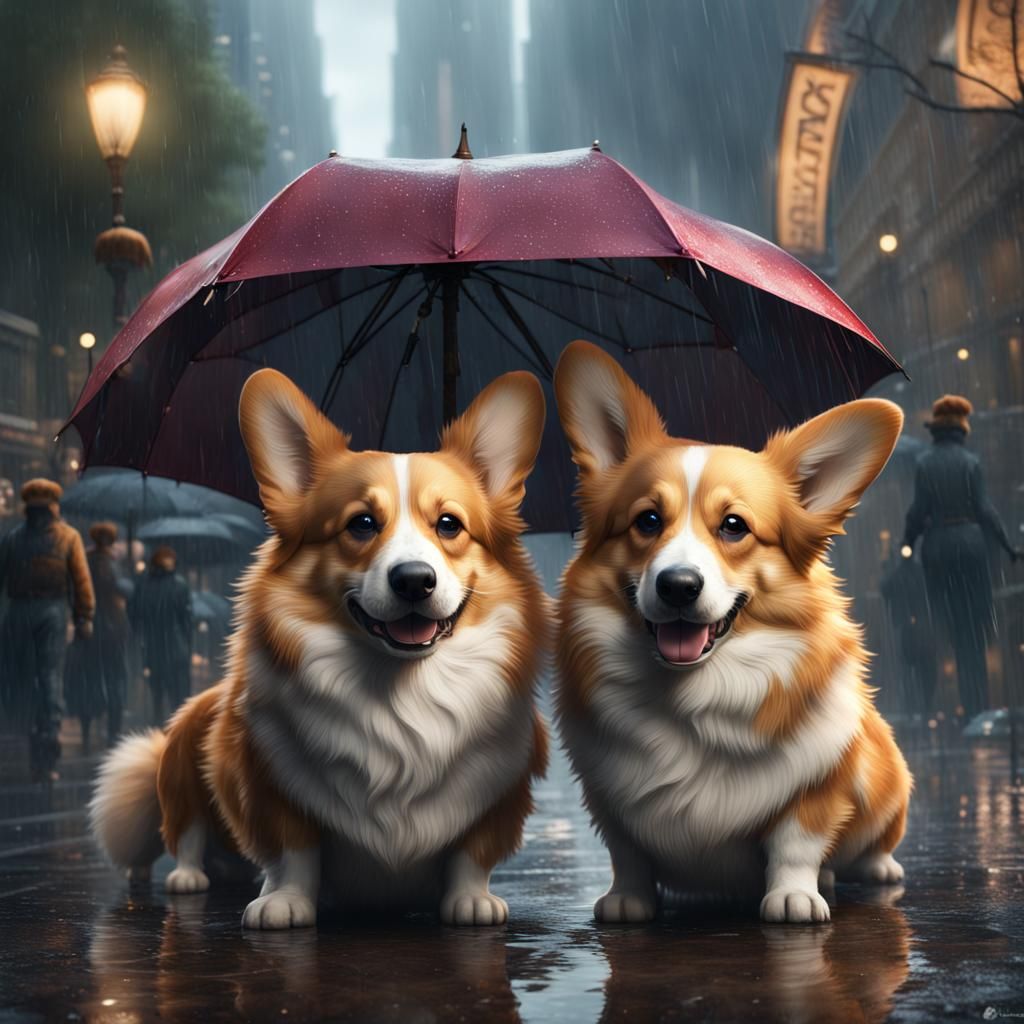 Corgis Under Umbrella in Rainy City
