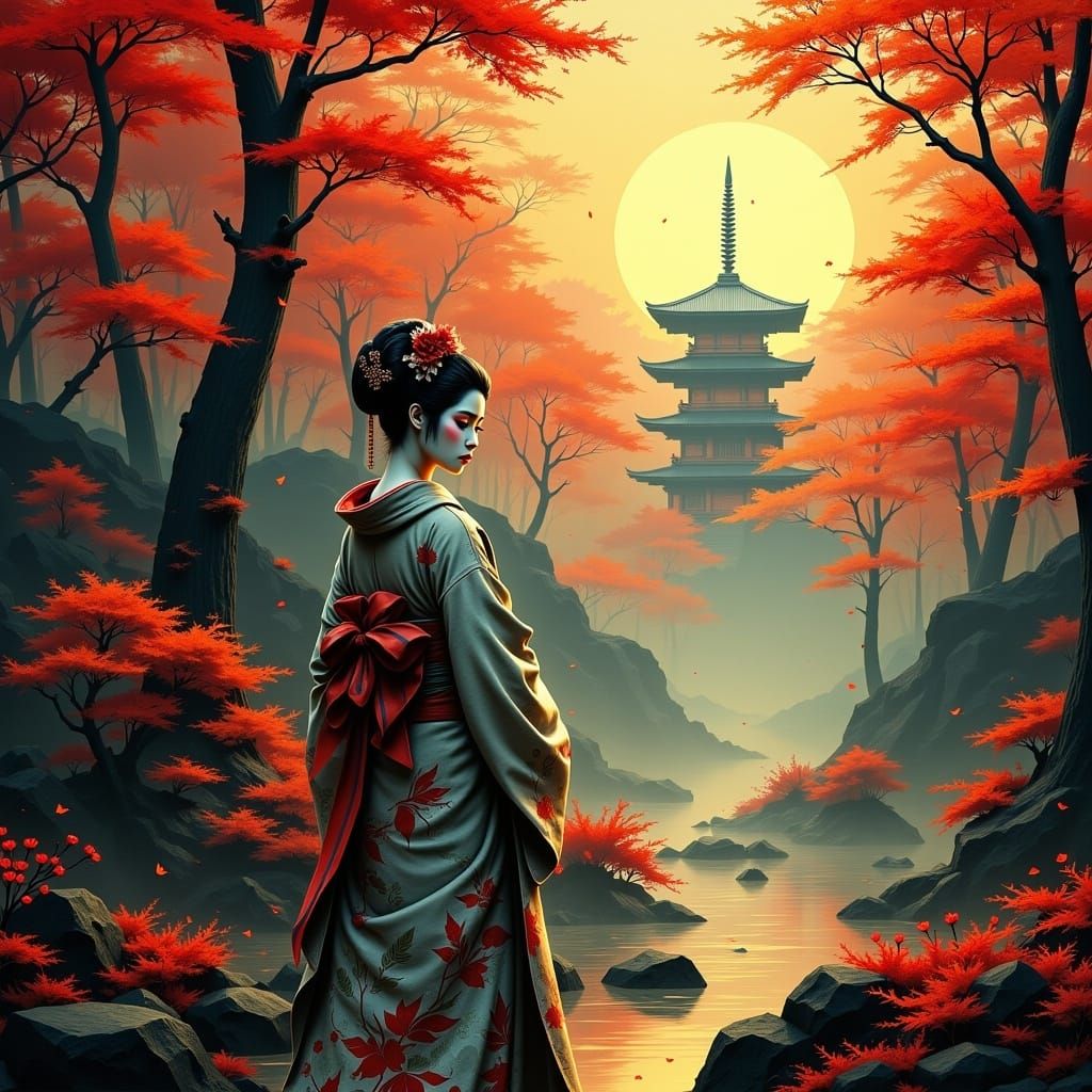 Geisha in October Forest: a Matte Painting