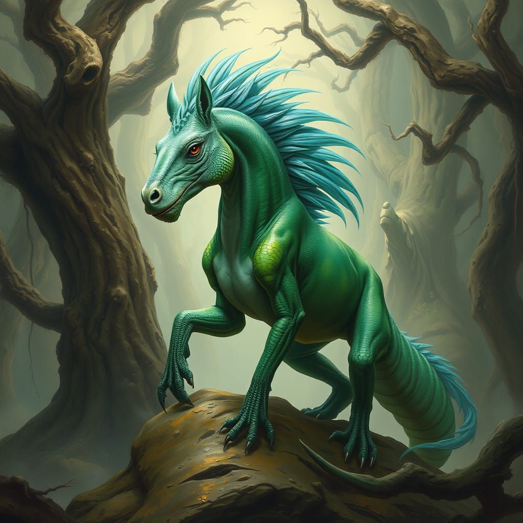 Regal Emerald Equine Iguana in Ancient Forest