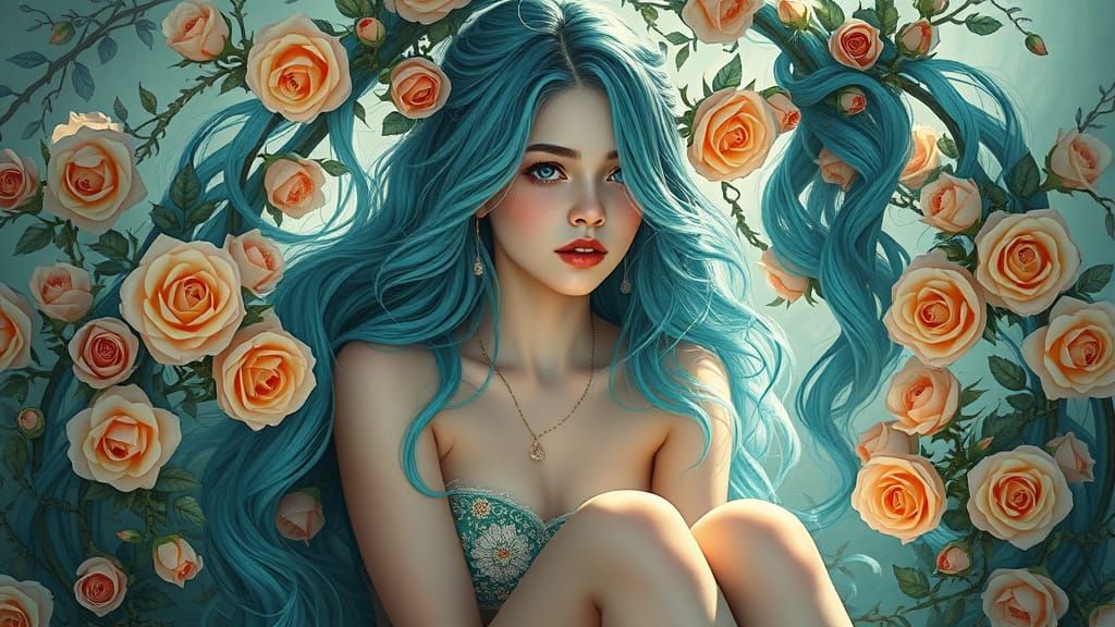 Teal-Haired Woman with Roses in Hyperrealistic Style