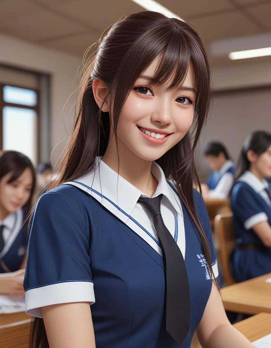 Smiling Japanese Schoolgirl in 3D Anime Style