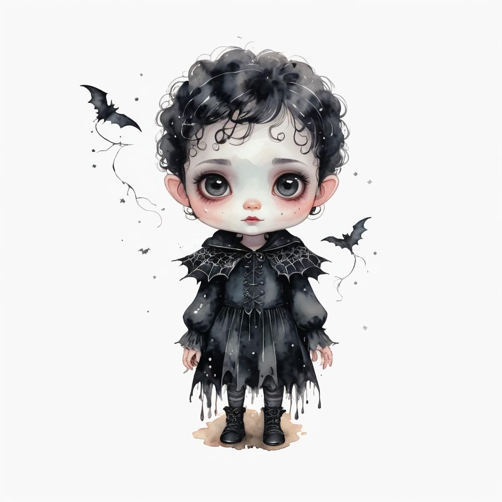 Whimsical Vampire Girl in Moonlit Forest, Watercolor Style