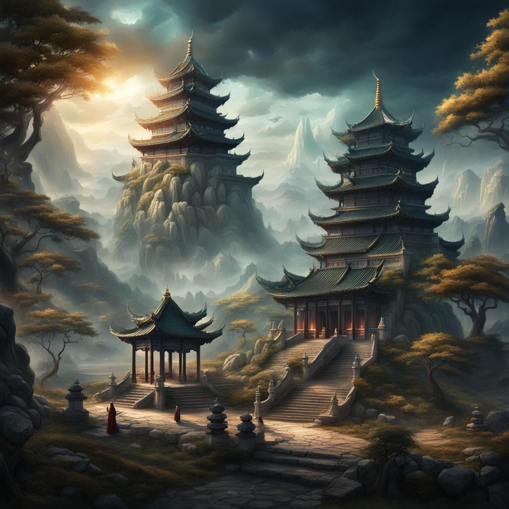 Chinese Temple of Magic Goddess in Dark Fantasy