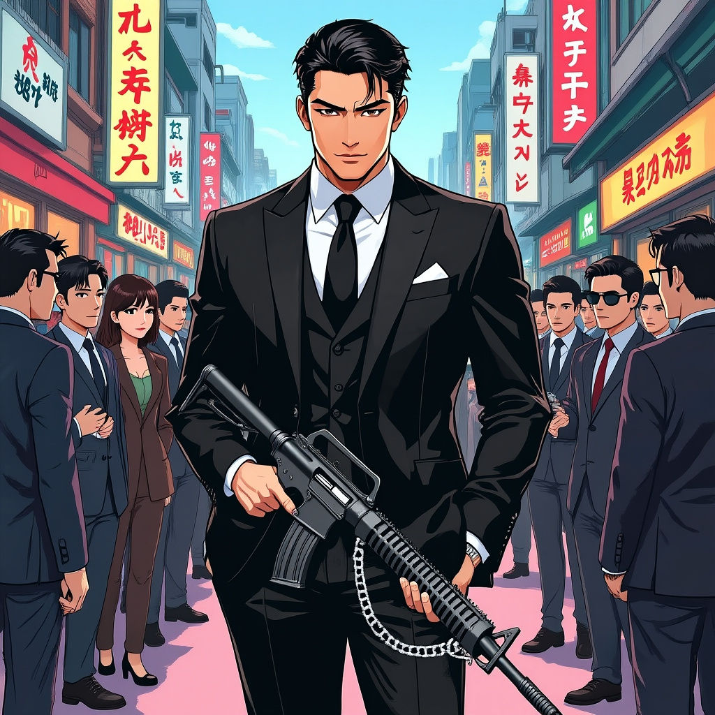 Handsome Yakuza in Webtoon Style Crowd Scene