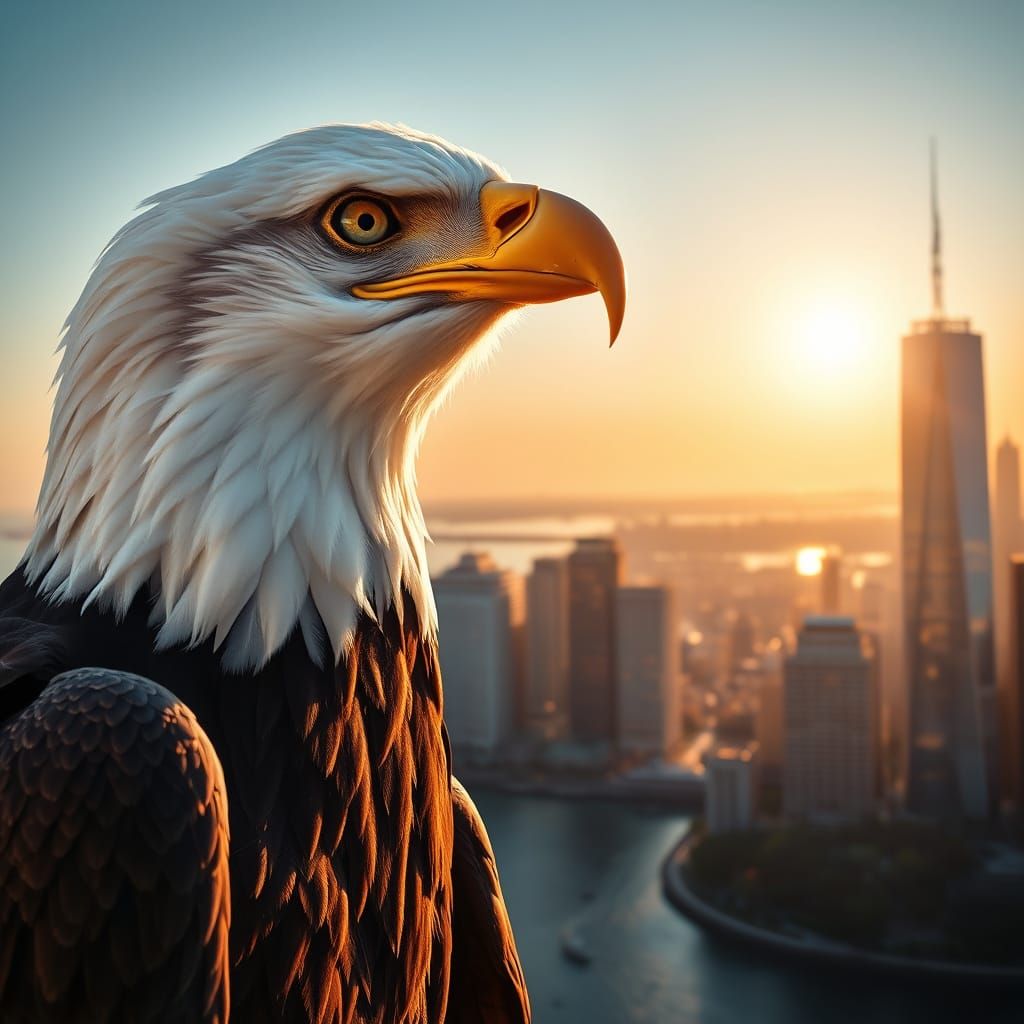 Majestic Bald Eagle Overlooking Golden Cityscape