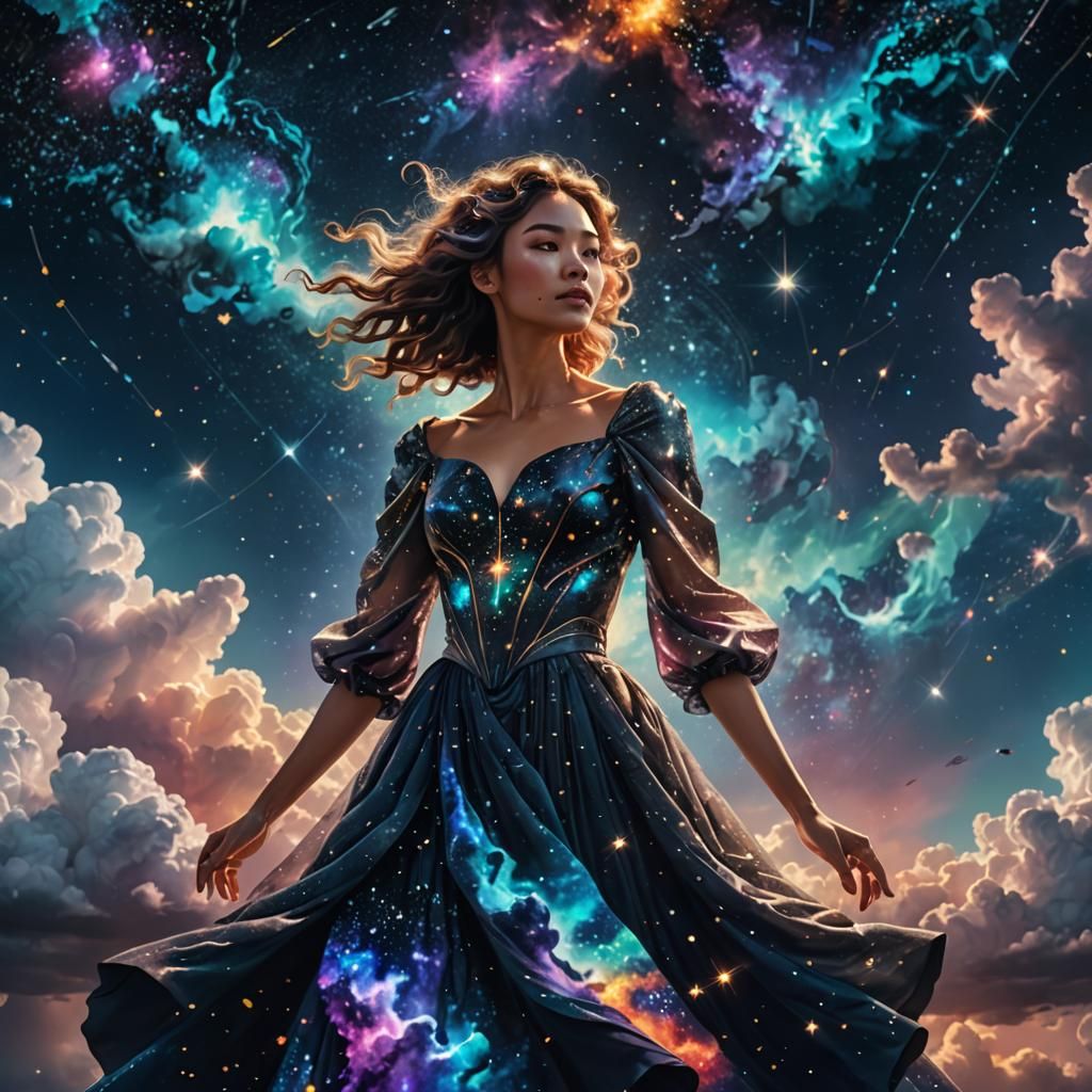 Cosmic Woman on Floating Island in Starry Sky