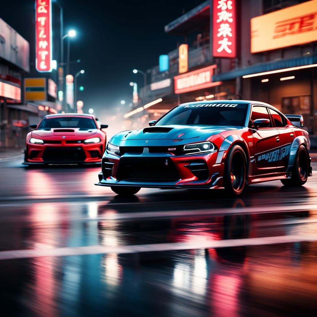 Dodge Charger Races Toyota Supra in Cinematic Action Shot